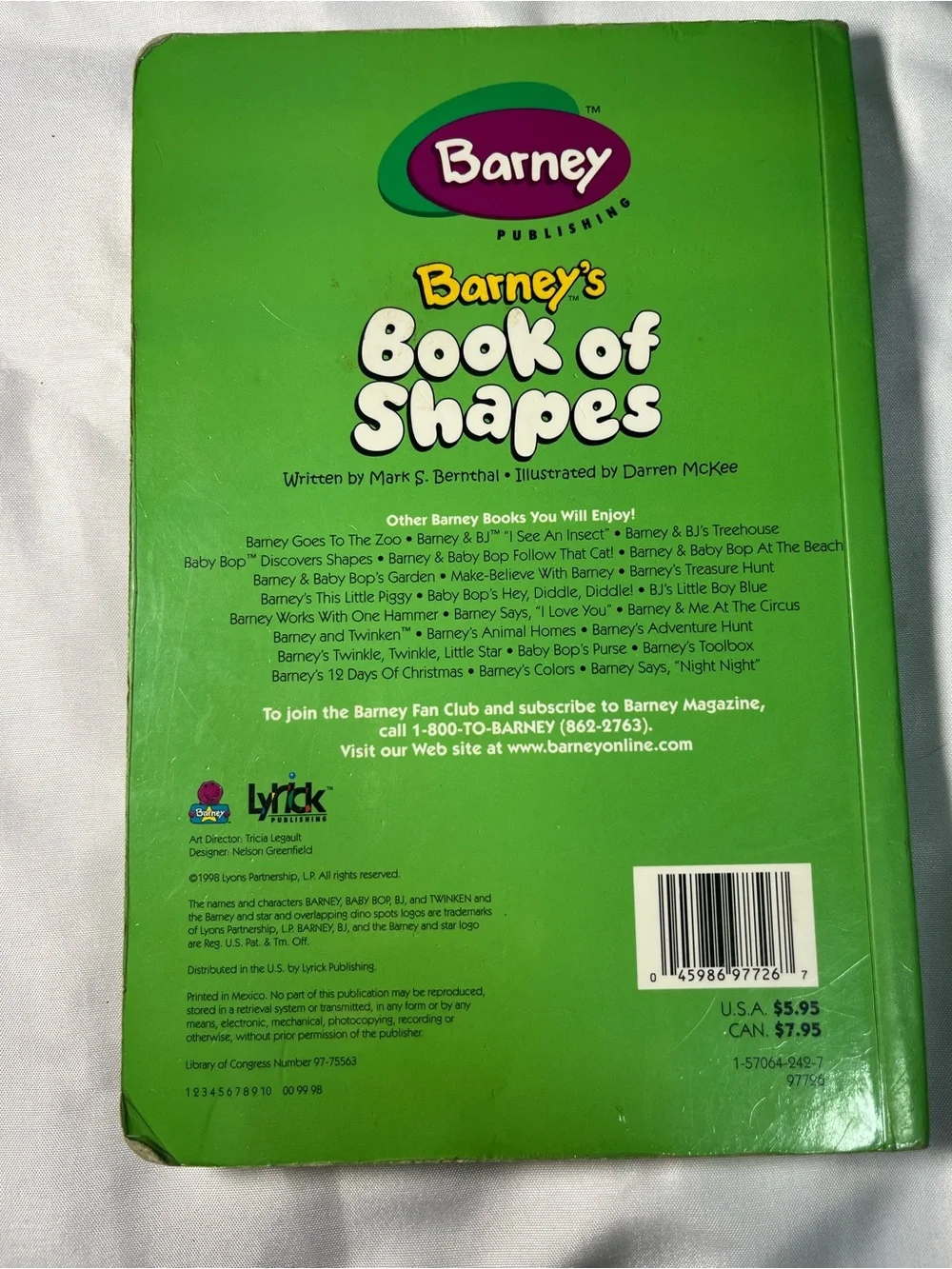 Vintage 1998 Barney’s Book of Shapes Board Book Mark Bernthal Kids‎ Learning